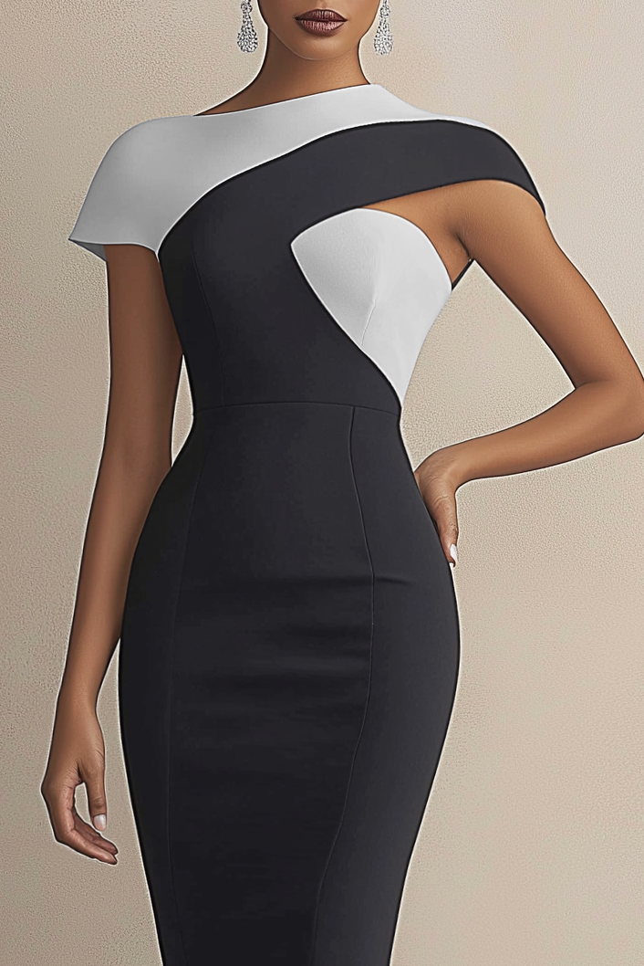 Semi-Formal Party Dress Black White One Sleeve Fitted Midi Dress