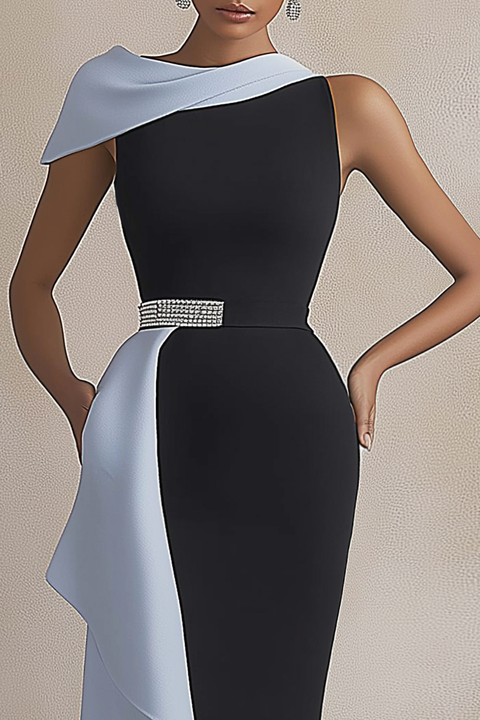 Semi-Formal Party Dress Black Blue One Shoulder Draped Fitted Midi Dress
