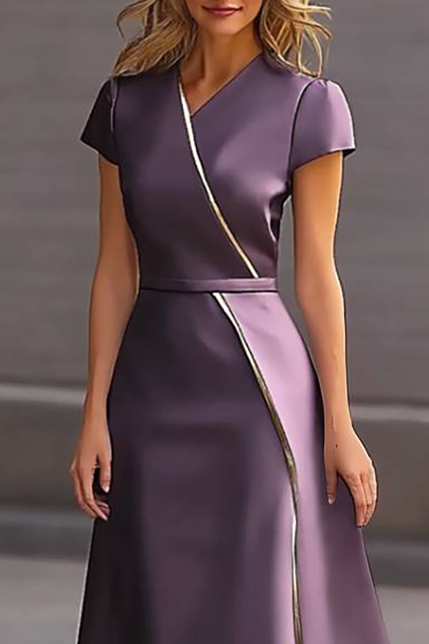Work Semi-Formal Dress Purple Cross Neck Short Sleeve Midi Dress