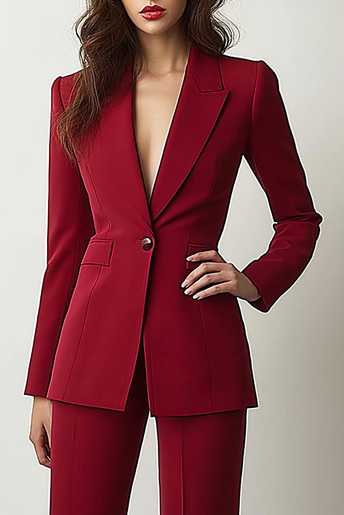 Formal Work Suit Set Red Long Sleeve Flared Pants Suit