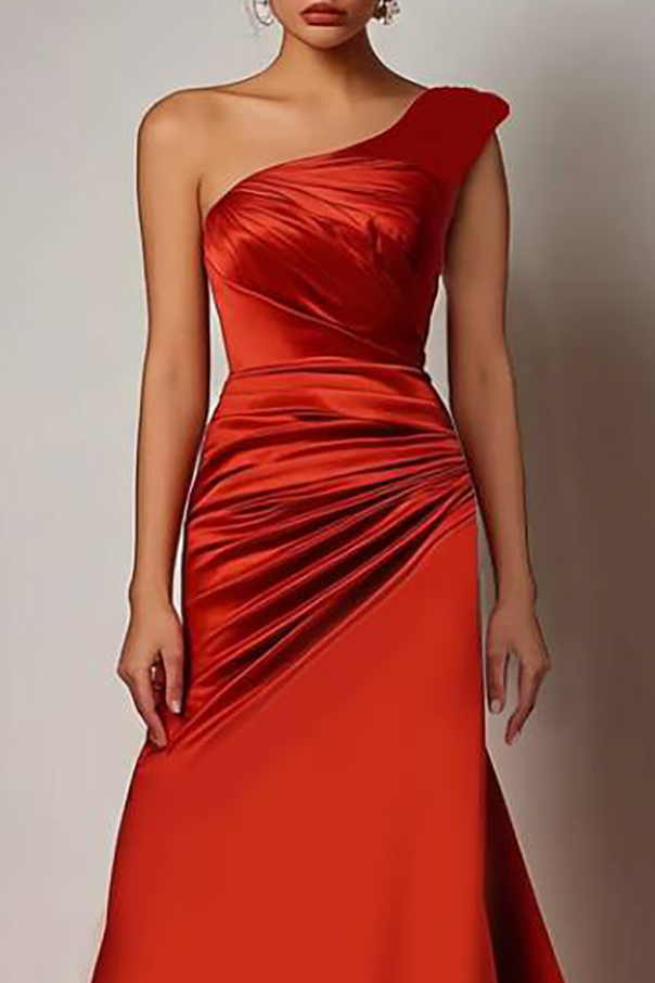 Formal Evening Dress One Shoulder Red Floor-Length Gown