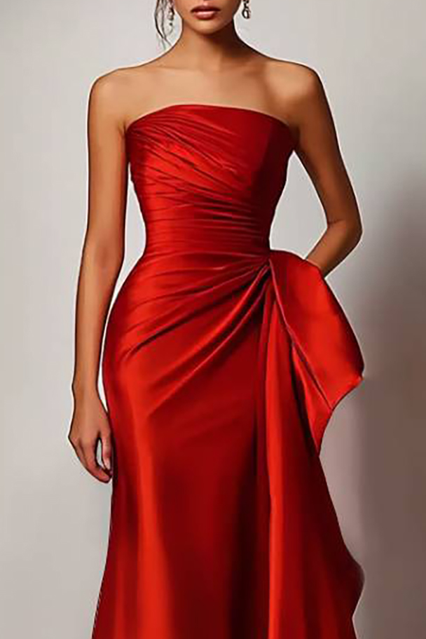 Evening Formal Dress Red Strapless Satin Floor-Length Gown