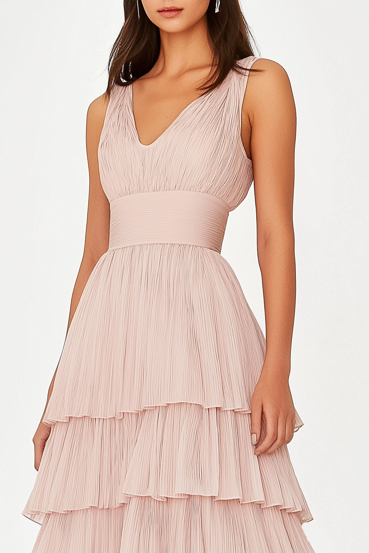Prom Tiered Layer Dress Light Pink Sleeveless Mesh Maxi Dress