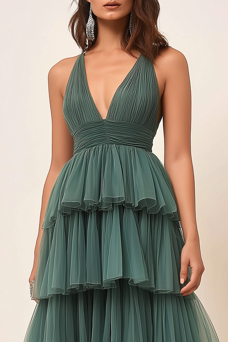 Prom Tiered Layer Dress Green Spaghetti Strap Deep V Mesh Floor-Length Dress