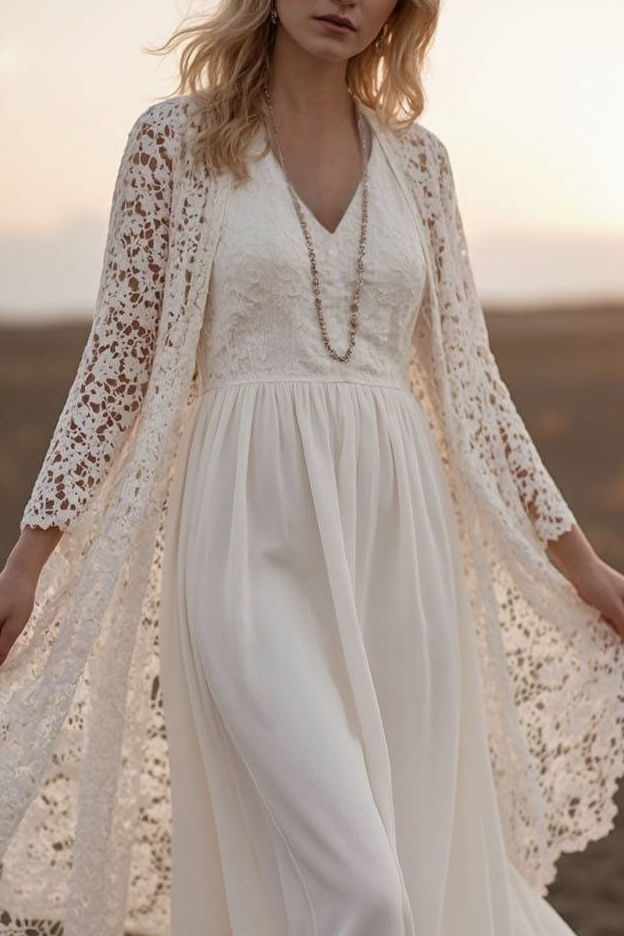 Vacation Lace Dress Set Long Sleeve Cardigan V-Neck Floor-Length Dress Set