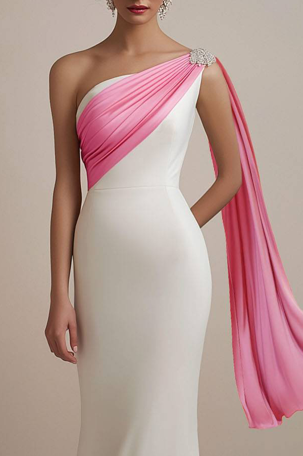 Evening Formal Satin Dress White Pink One Shoulder Floor-Length Gown