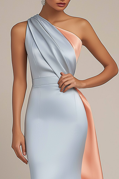 Wedding Guest Party Dress Light Blue Colorblock Satin Knee-Length Dress