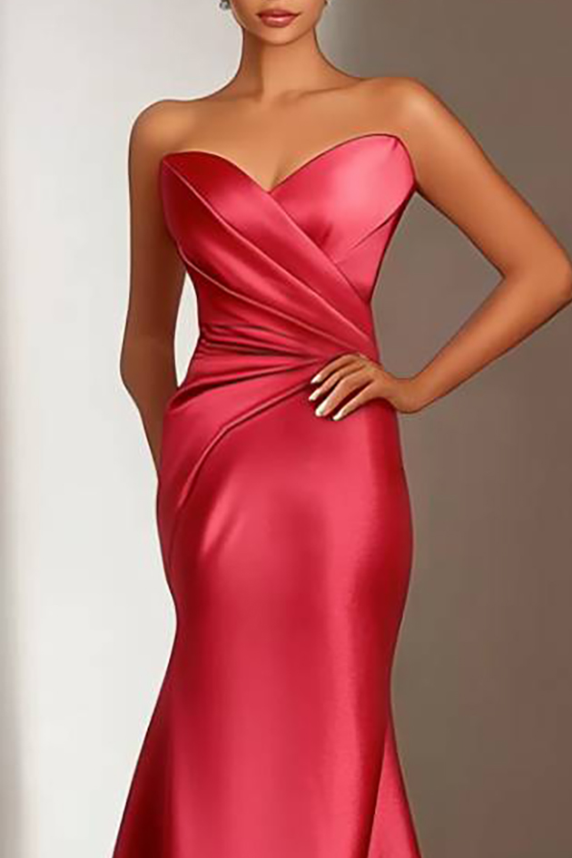 Evening Formal Satin Dress Red Strapless Ruched Waist Floor-Length Gown