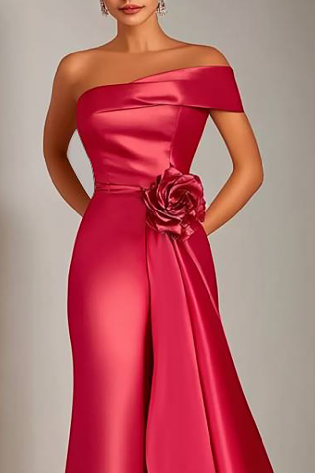 Evening Formal Satin Dress Red One Shoulder 3D Floral Draped Floor-Length Gown