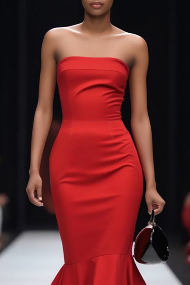 Cocktail Party Dress Red Strapless Fitted Mermaid Midi Dress