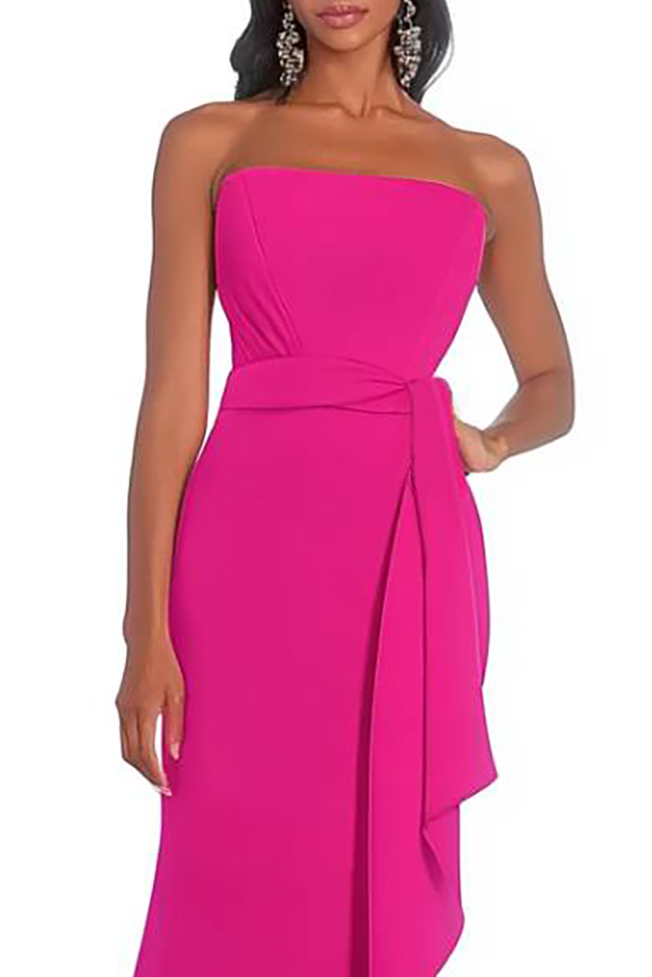 Evening Formal Dress Fuchsia Strapless Draped Maxi Gown