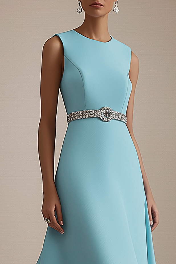 Party Semi-Formal Dress Light Blue Sleeveless Rhinestone Waist Midi Dress