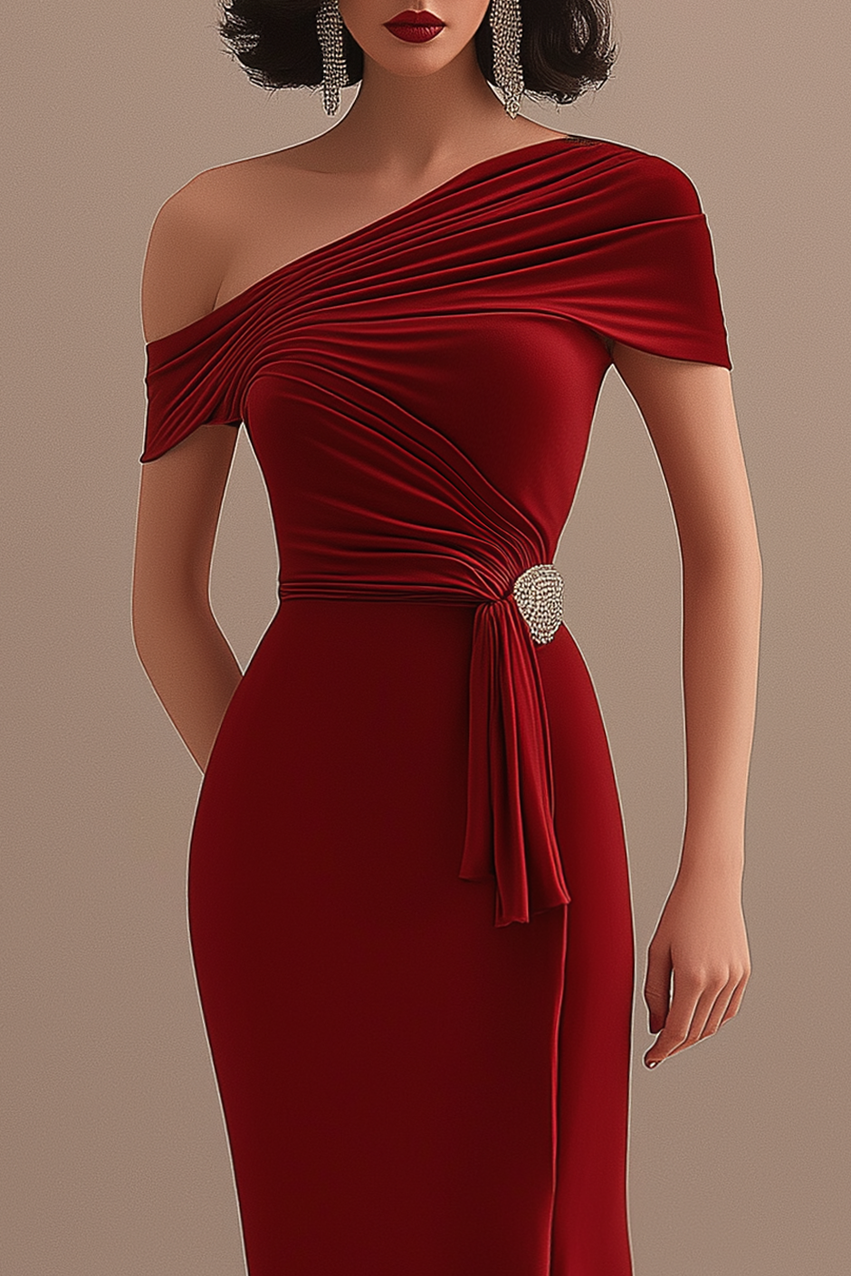 Evening Formal Dress Red One Shoulder Pleated Mermaid Floor-Length Gown