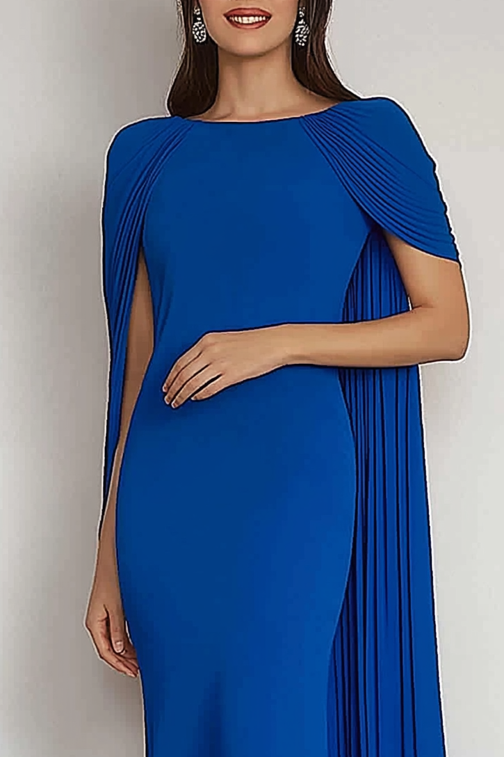 Evening Formal Dress Blue Round Neck Cape Mermaid Floor-Length Gown