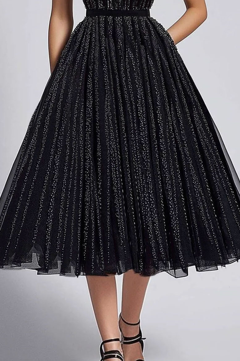 Prom Party Mesh Dress Slip Black Pleated Glitter Midi Dress