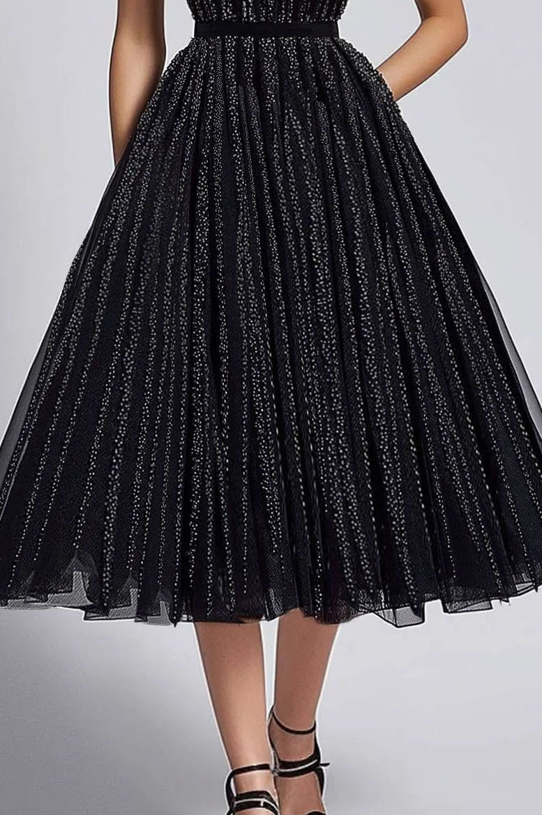 Prom Party Mesh Dress Slip Black Pleated Glitter Midi Dress