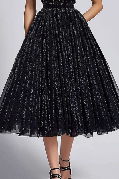 Prom Party Mesh Dress Slip Black Pleated Glitter Midi Dress