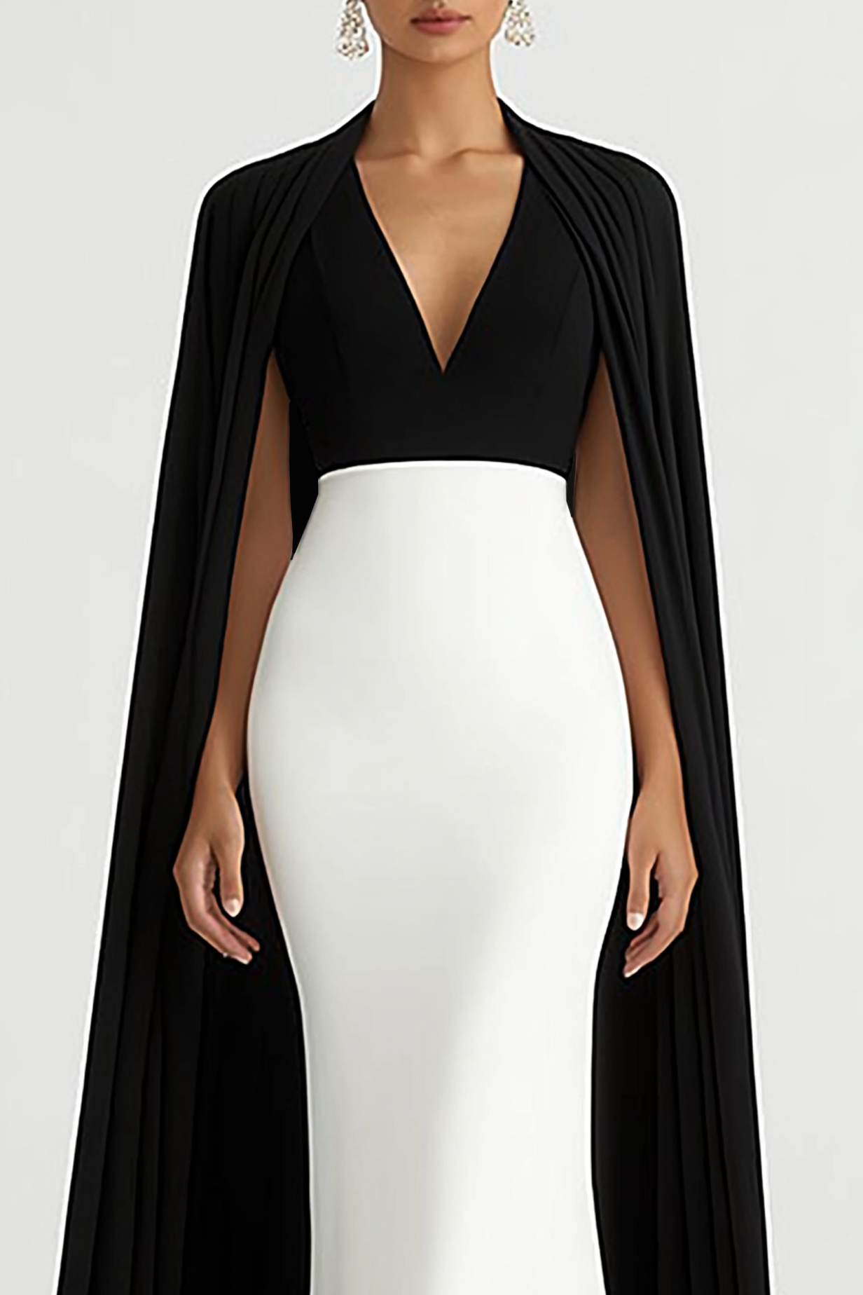 Evening Formal Dress Black White V-Neck Cape Floor-Length Gown