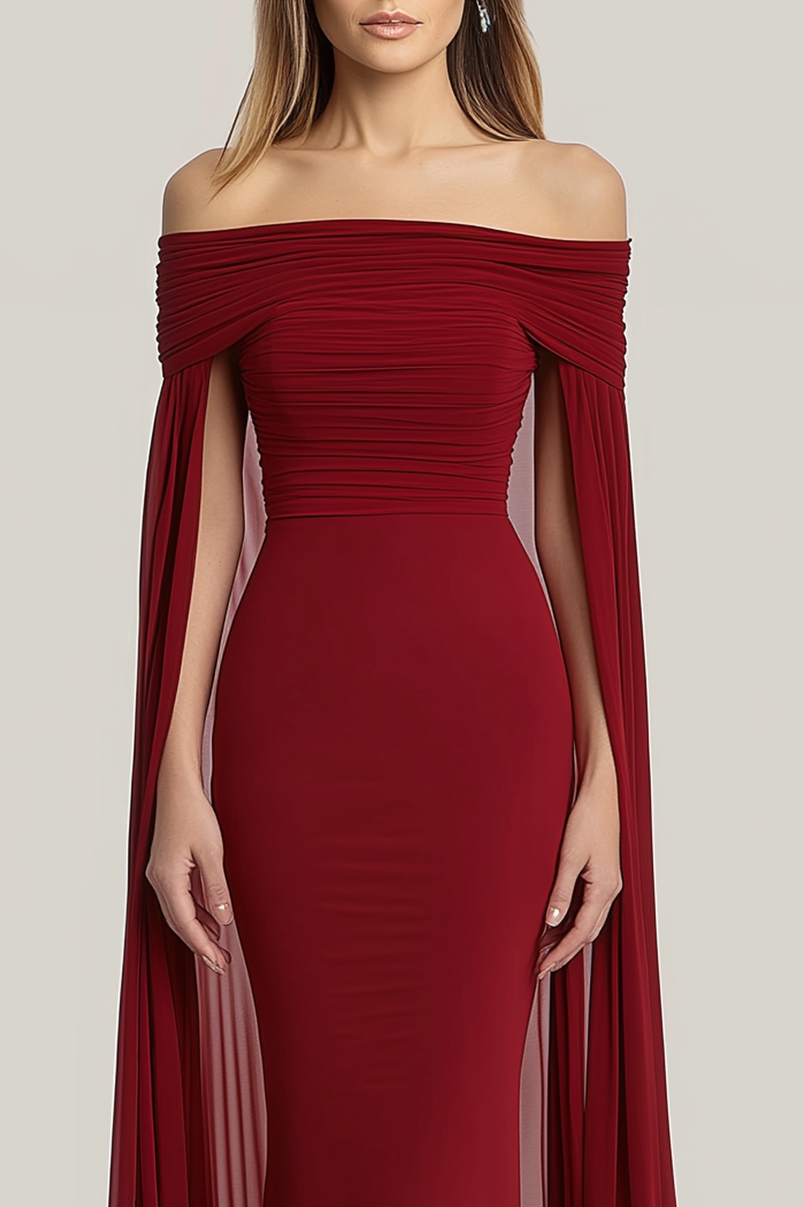 Evening Formal Dress Red Off-Shoulder Cape Chiffon Floor-Length Gown