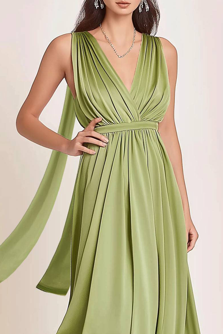 Wedding Guest Semi-Formal Dress Green Satin V-Neck Sleeveless Maxi Dress
