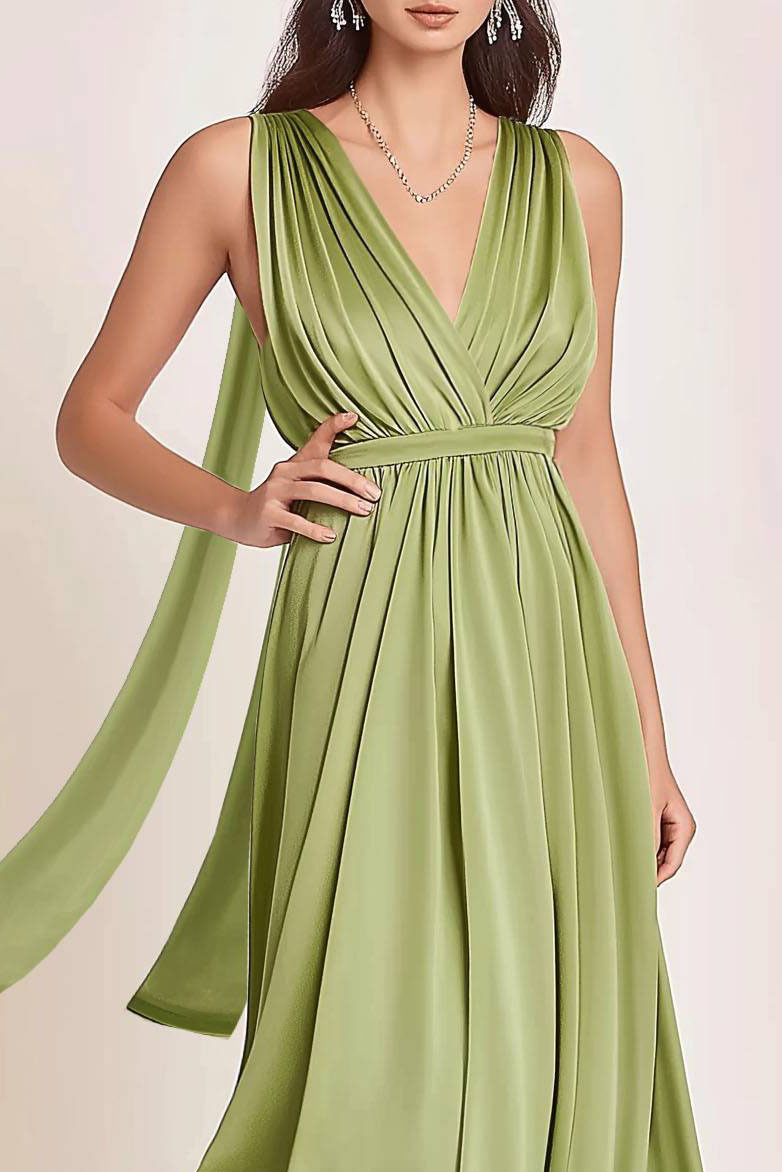 Wedding Guest Semi-Formal Dress Green Satin V-Neck Sleeveless Maxi Dress
