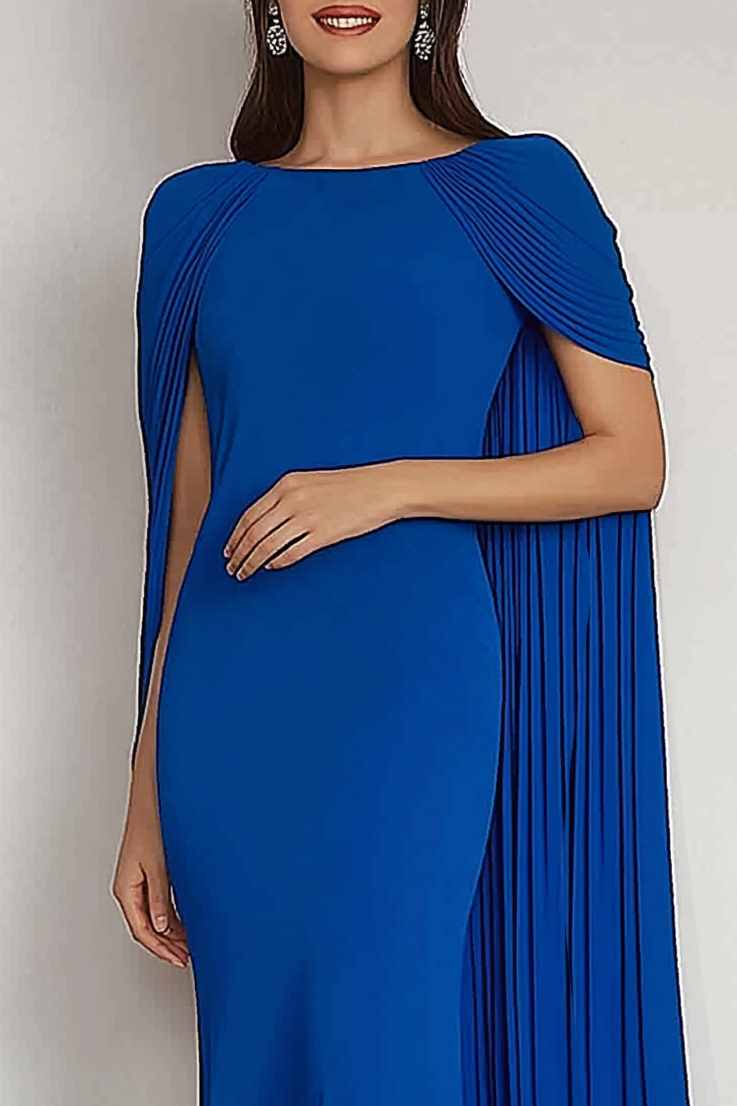 Evening Formal Dress Blue Round Neck Cape Mermaid Floor-Length Gown