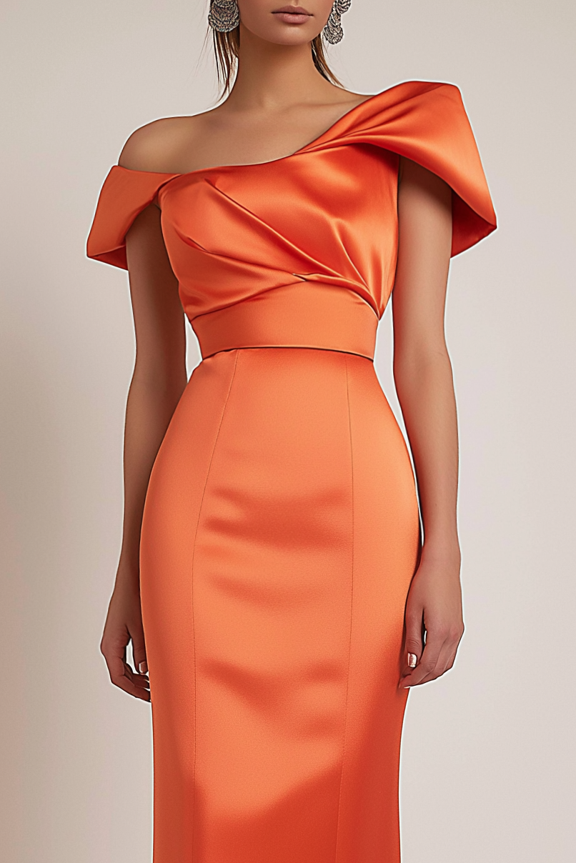 Evening Formal Dress Orange Satin Off Shoulder Maxi Dress
