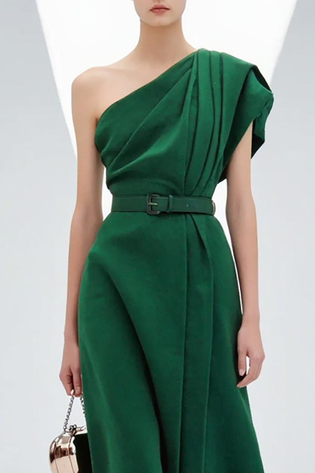 Chic Party Dress Green One Shoulder Ruched with Belt Midi Dress