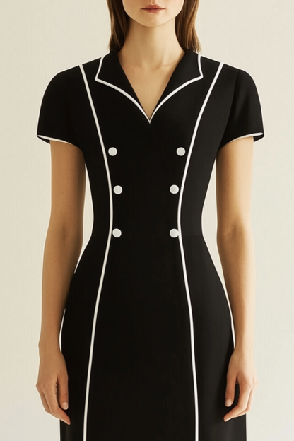 Work Semi-Formal Dress Black V-Neck Short Sleeve Striped Mini Dress