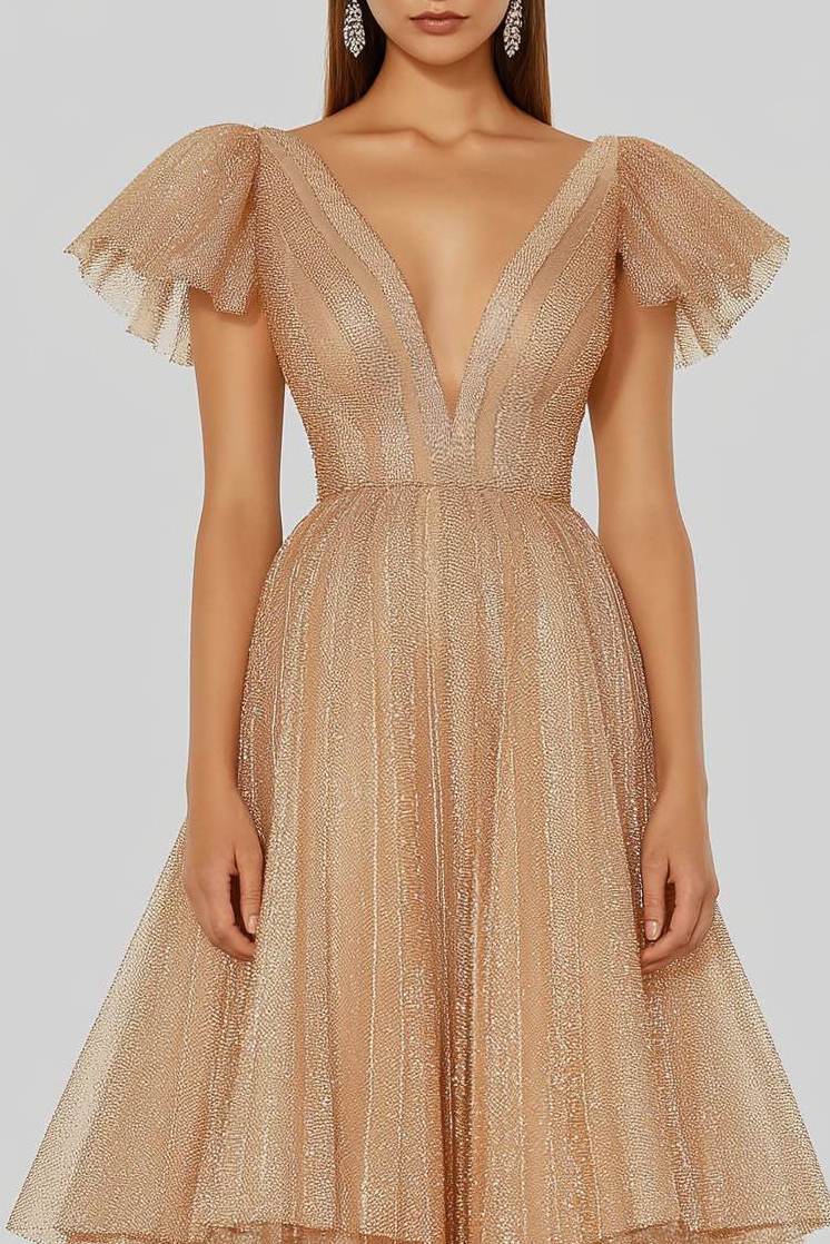 Evening Tiered Layer Dress Champagne Deep V-Neck Tulle Floor-Length Gown