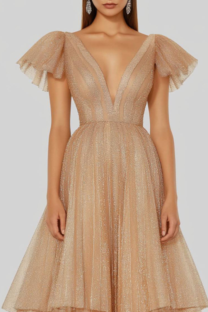 Evening Tiered Layer Dress Champagne Deep V-Neck Tulle Floor-Length Gown