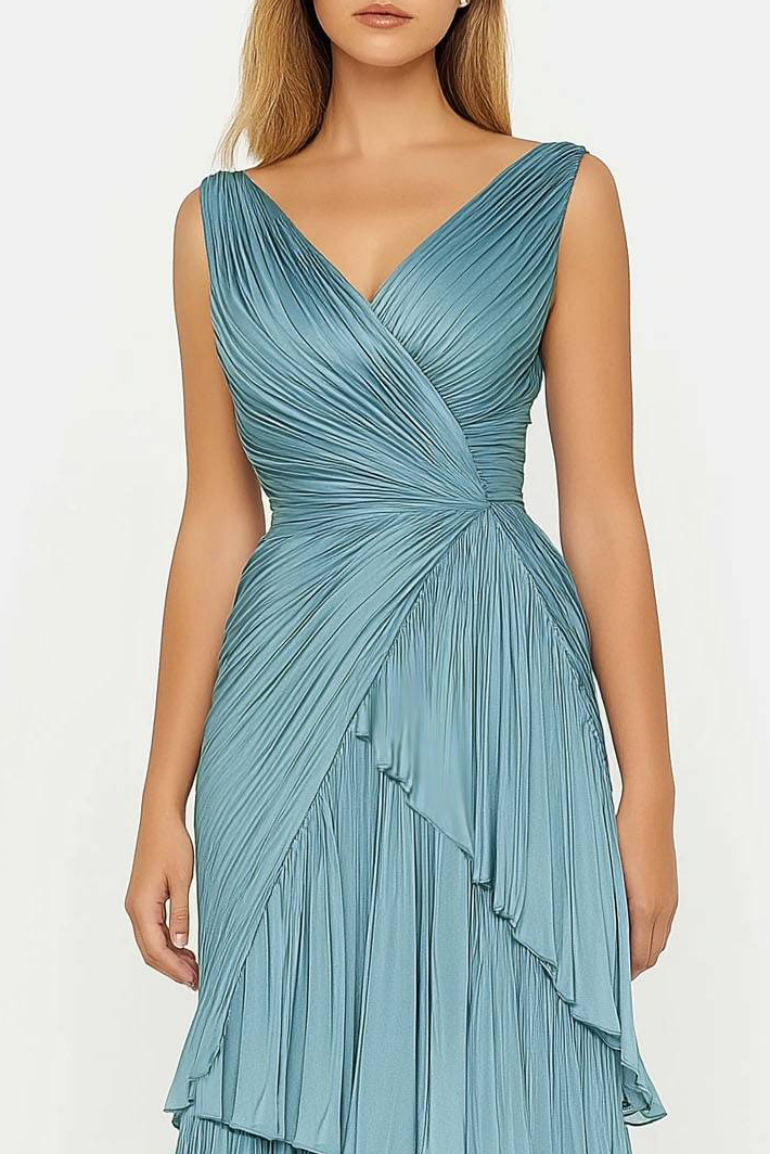Formal Tiered Layer Dress Blue Sleeveless Pleated V-Neck Floor-Length Gown