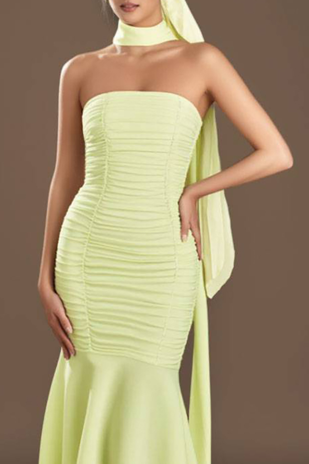 Holiday Party Halter Neck Dress Light Green Strapless Ruched Mermaid Midi Dress