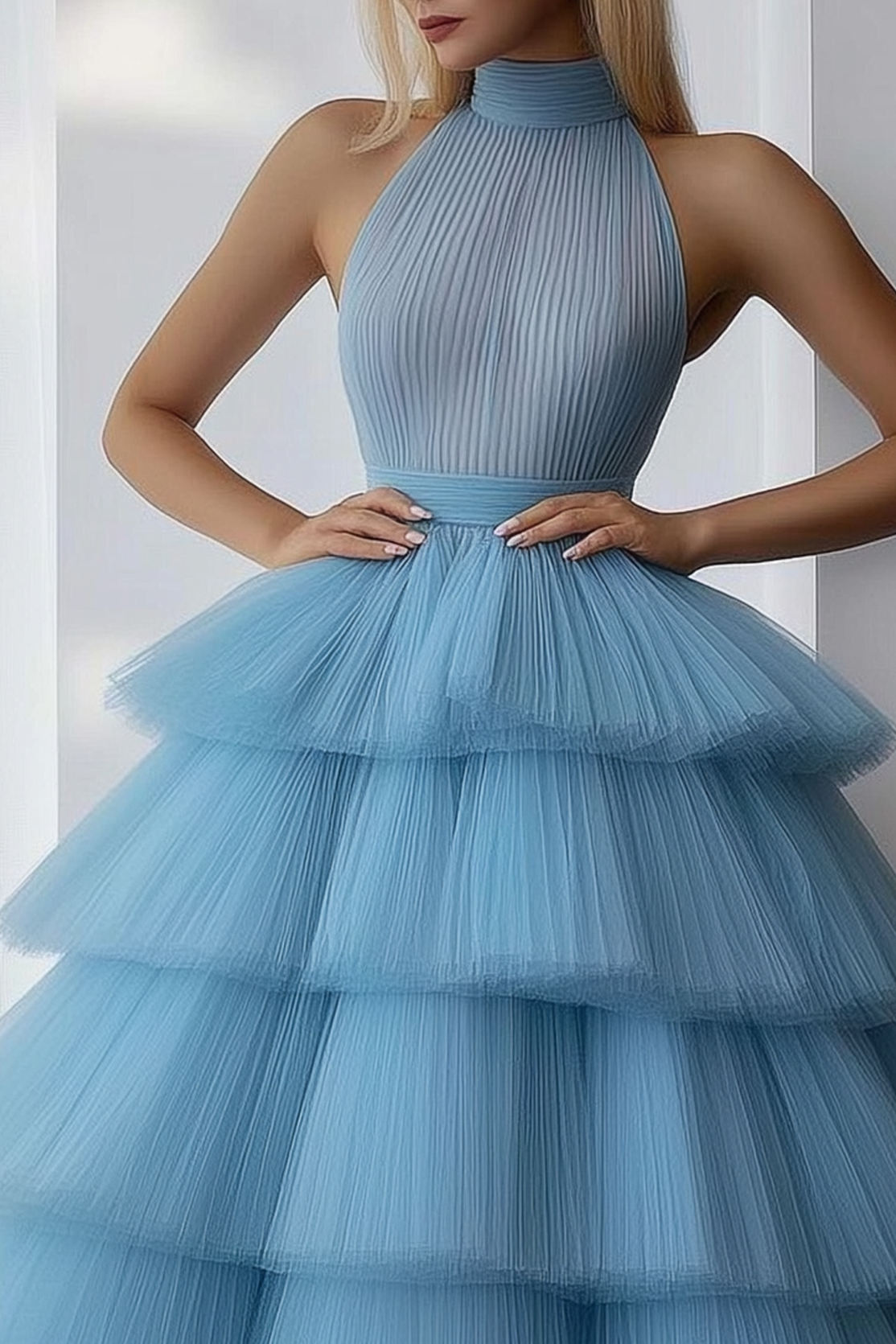 Prom Tiered Layer Dress Blue Halter Neck Sleeveless Pleated Tulle Midi Dress