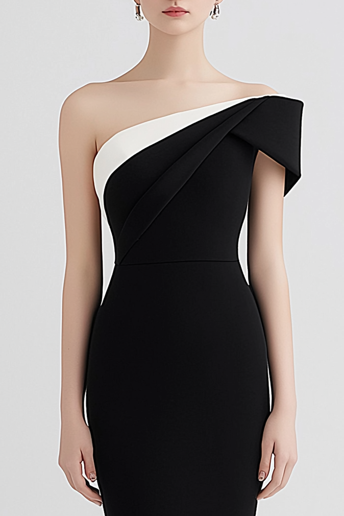 Formal Evening Dress Black White One Shoulder Fitted Midi Dress