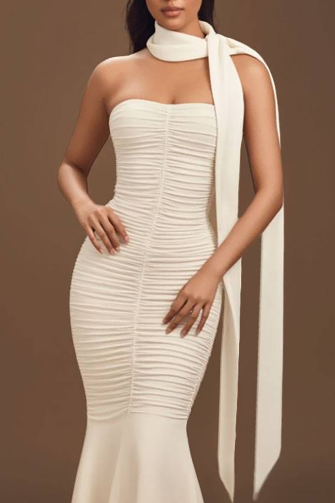 Holiday Party Halter Neck Dress Beige Strapless Mermaid Maxi Dress
