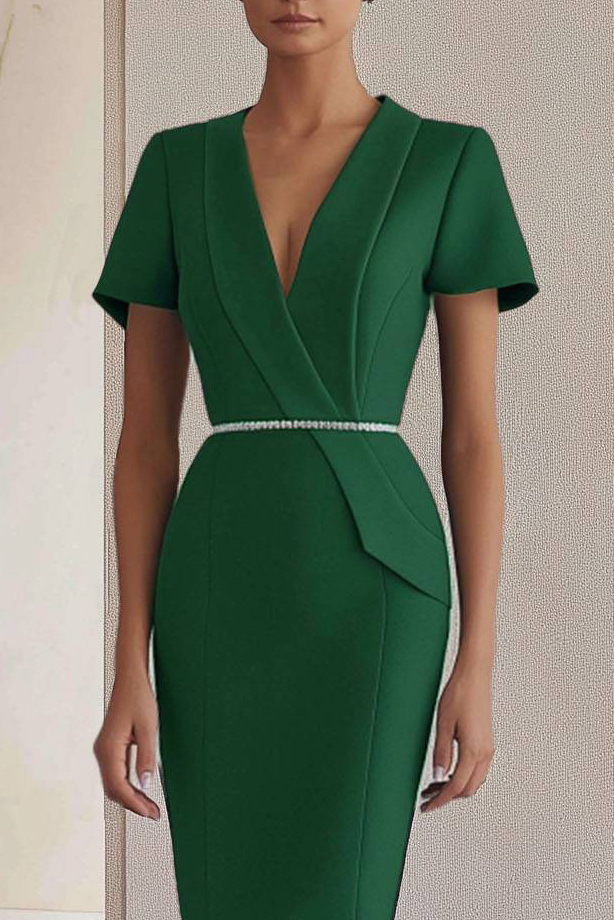 Work Blazer Dress Green V Neck Waist Diamond Detail Knee Length Dress