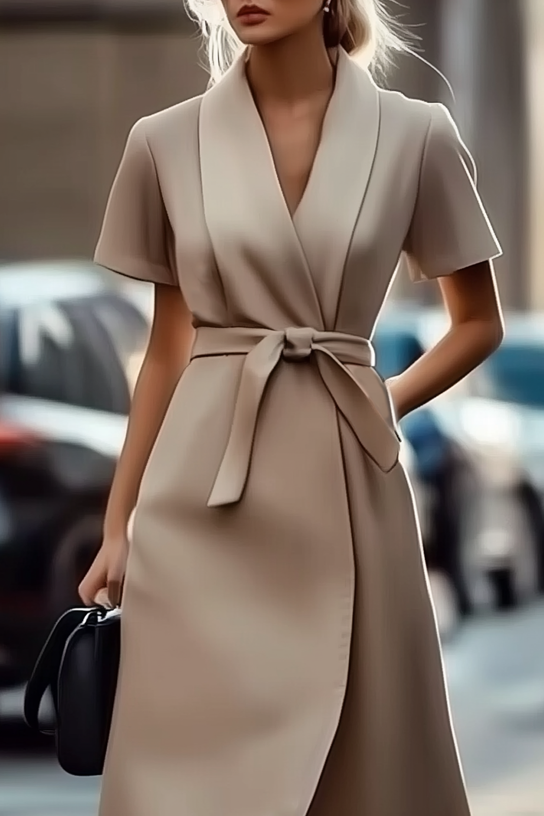 Work Blazer Dress Light Brown Cross Neck Belted Pocket Midi Dress