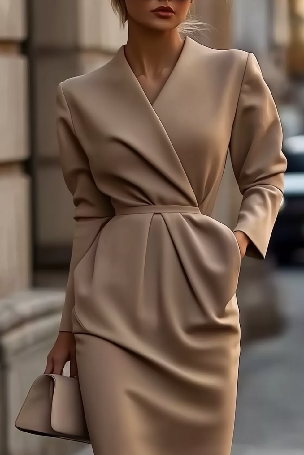 Work Blazer Dress Light Brown Cross Neck Long Sleeve Pocket Midi Dress