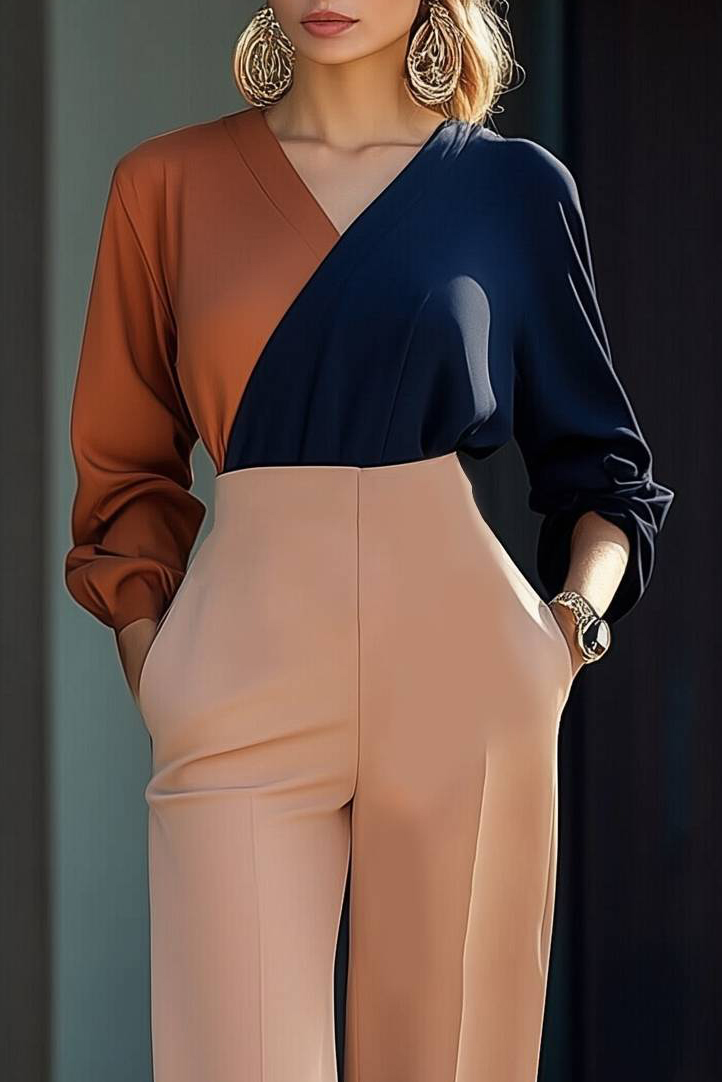 Semi Formal Party Jumpsuit Brown Black V Neck Pocket Jumpsuit