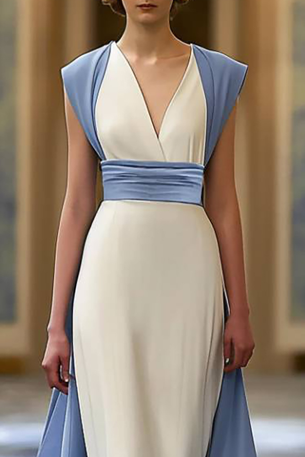 Semi Formal Party Blue White Sleeveless V Neck Midi Dress
