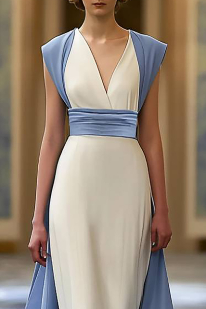 Semi Formal Party Blue White Sleeveless V Neck Midi Dress