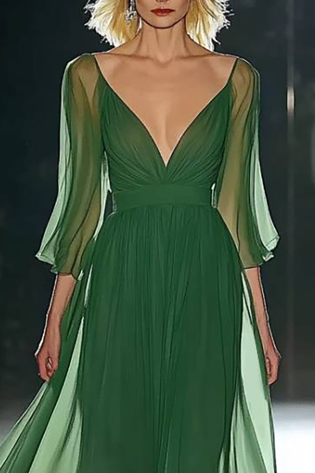 Vacation Dress Green Chiffon Deep V Maxi Dress