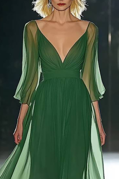 Vacation Dress Green Chiffon Deep V Maxi Dress
