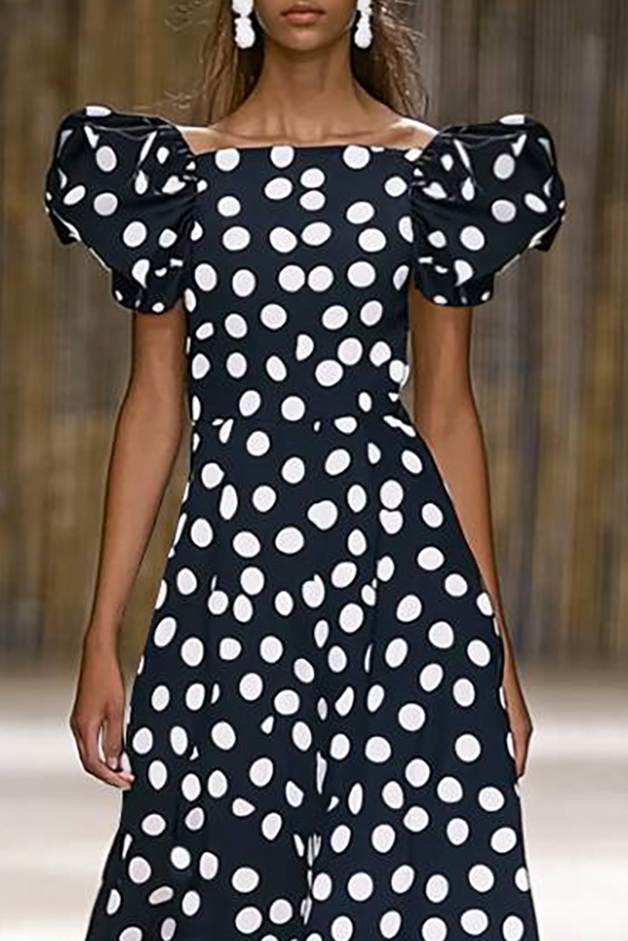 Holiday Party Dress Black White Polka Dot Puff Sleeve Maxi Dress