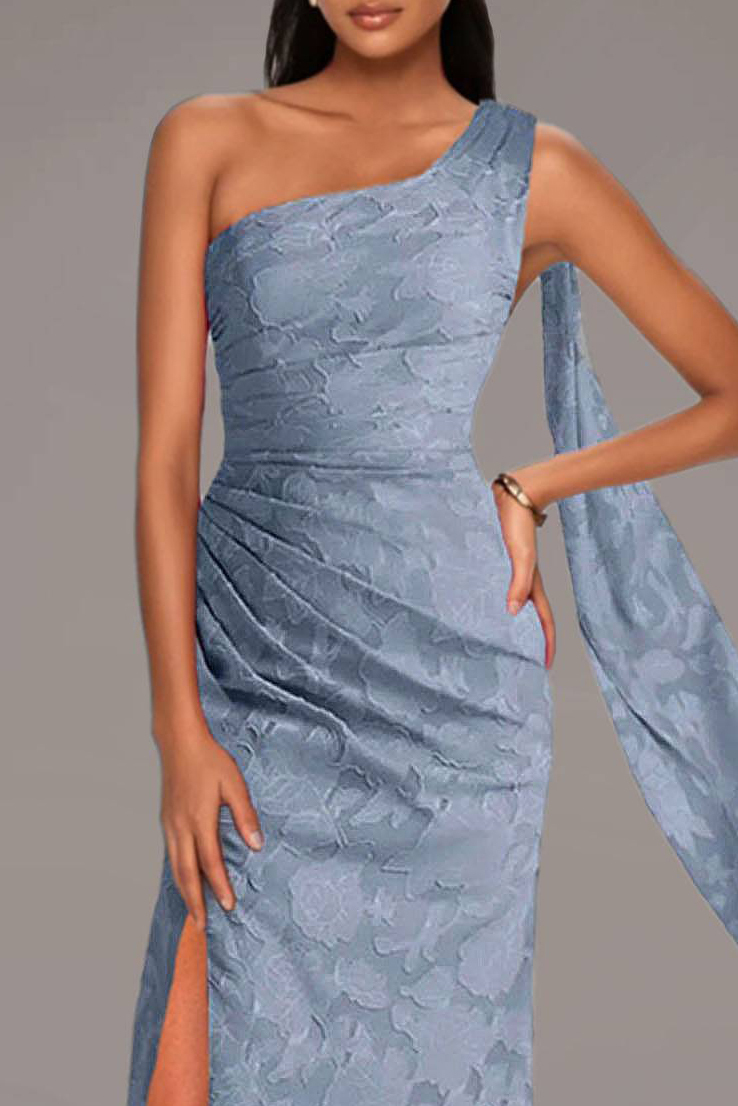 Holiday Party Dress Blue One Shoulder Side Slit Maxi Dress