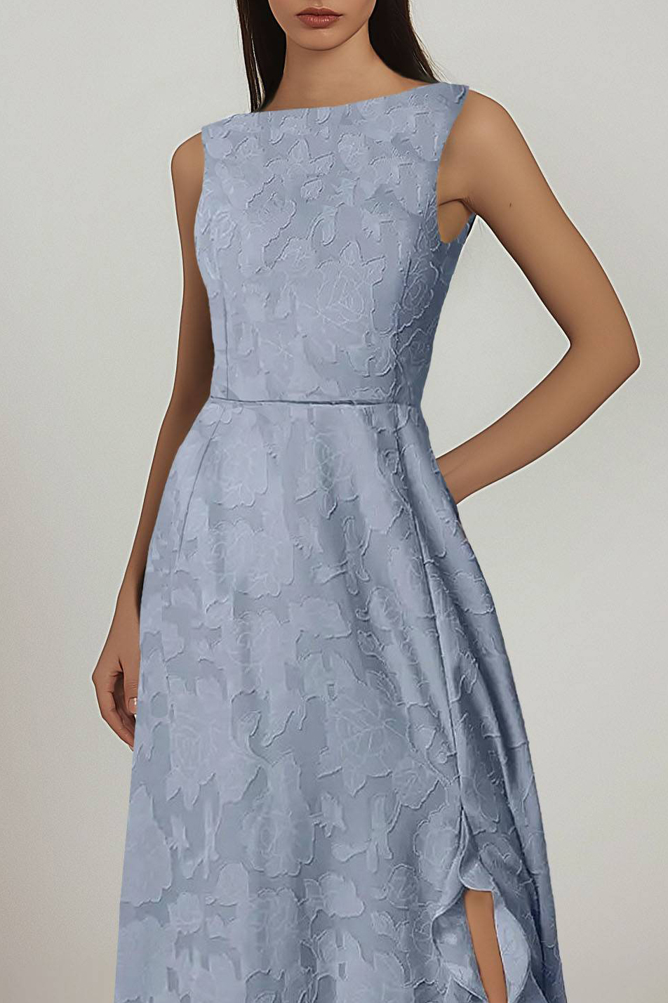 Formal Evening Dress Blue Sleeveless Side Slit Ruffle Floor-Length Gown