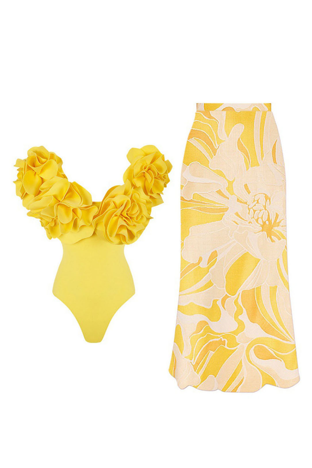 3D Yellow Floral Off-Shoulder/V-Neck One-Piece Swimsuit and Cover-Up