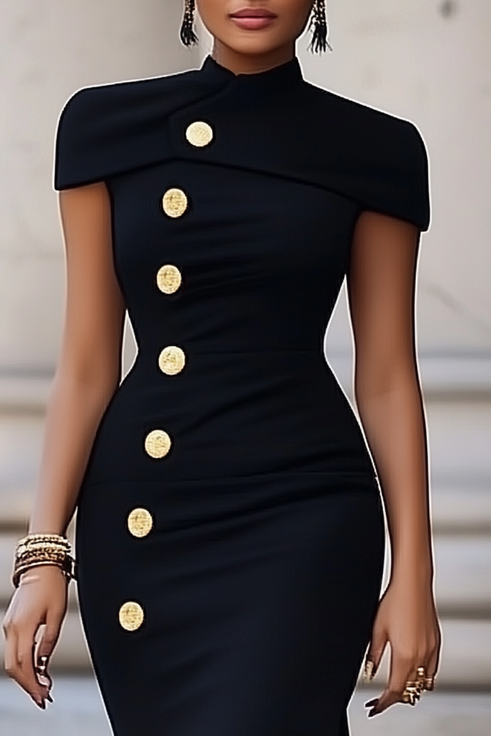 Formal Evening Dress Black Stand Collar Slim Button Slit Maxi Gown
