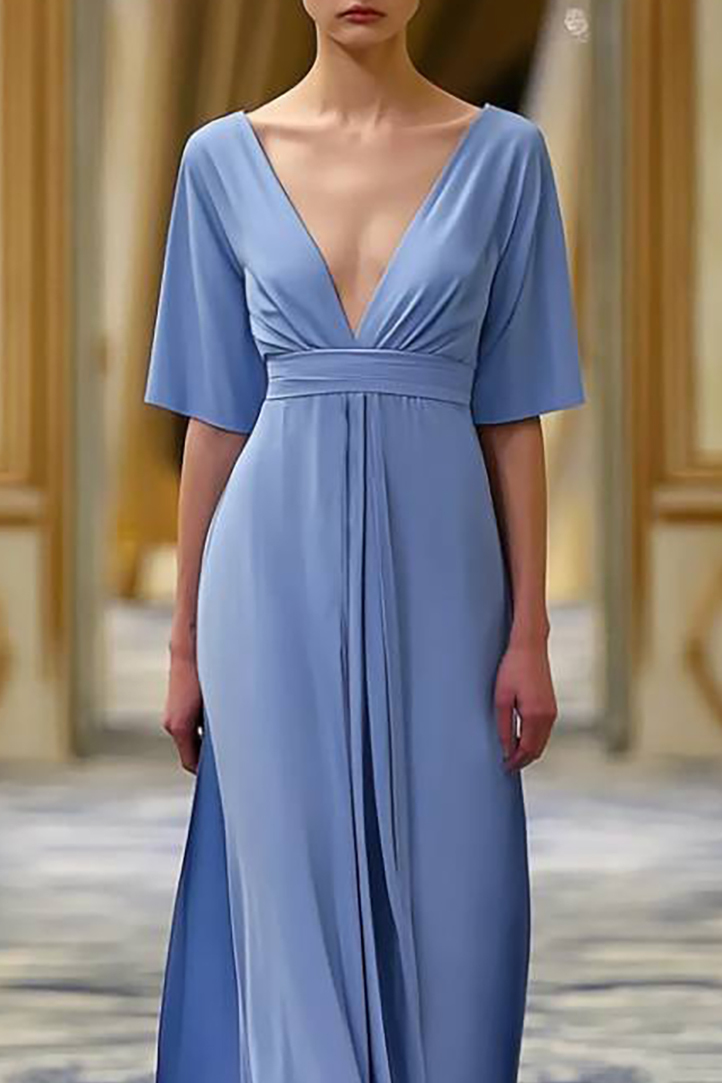 Vacation Dress Blue Deep V Half Sleeve Loose Floor-Length Dress